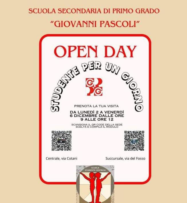 Secondaria Pascoli 
nelle due sedi a scelta
Da lunedì 2 a venerdì 6 dicembre
ore 9:00-12:00

Form per prenotare
all'interno dell'articolo

